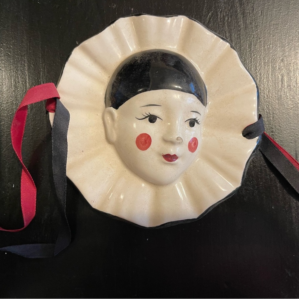 Decorative Ceramic Pierrot Wall Mask in White with Black Hair and Red Cheeks